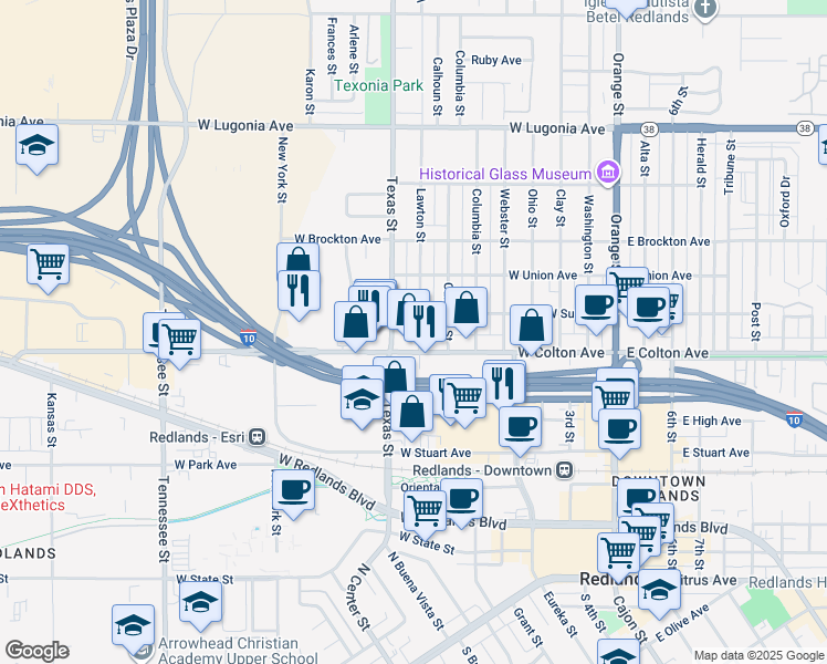 map of restaurants, bars, coffee shops, grocery stores, and more near 819 Lawton Street in Redlands