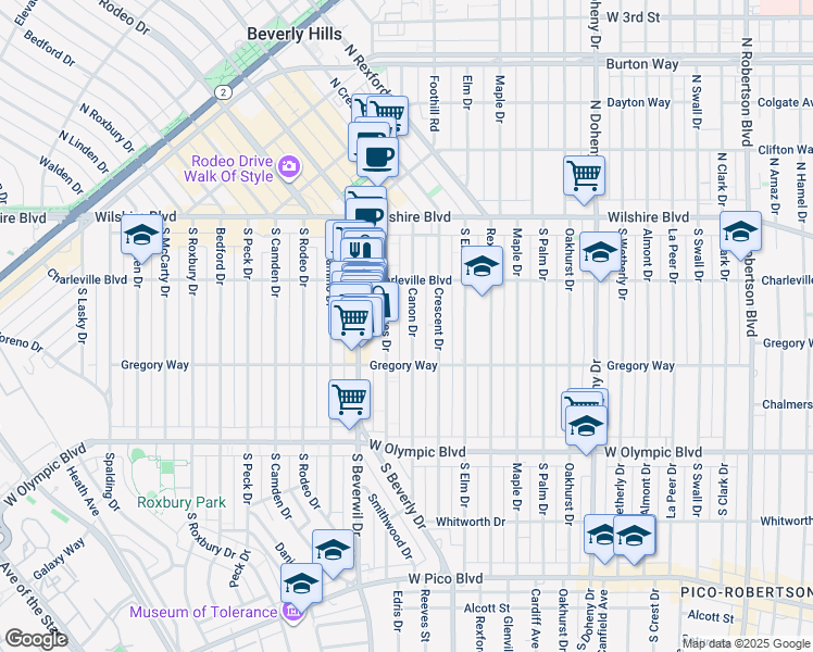 map of restaurants, bars, coffee shops, grocery stores, and more near 241 Canon Drive in Beverly Hills