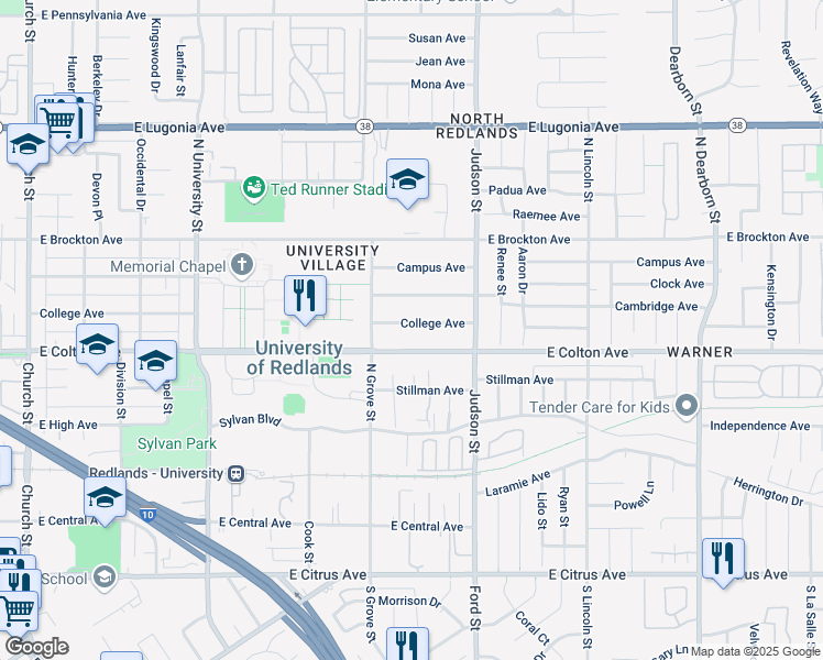 map of restaurants, bars, coffee shops, grocery stores, and more near 1312 College Avenue in Redlands