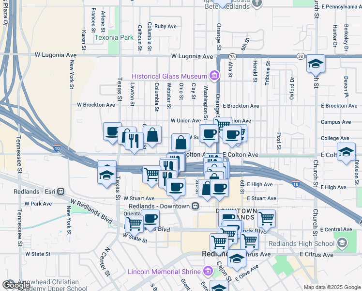 map of restaurants, bars, coffee shops, grocery stores, and more near 823 Ohio Street in Redlands