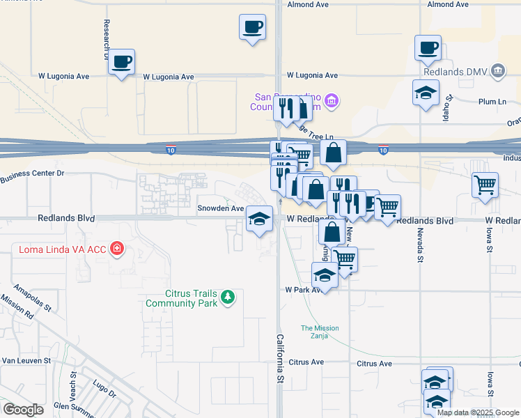 map of restaurants, bars, coffee shops, grocery stores, and more near 10475 Taff Street in Redlands