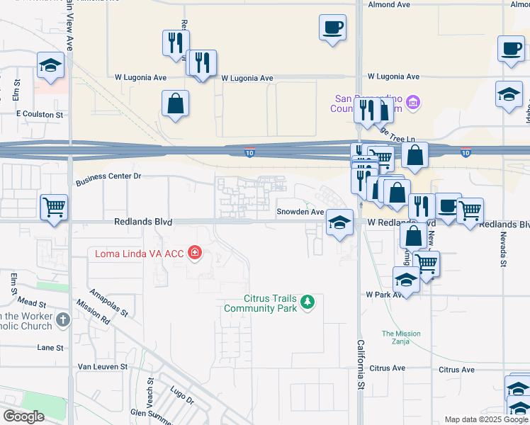 map of restaurants, bars, coffee shops, grocery stores, and more near 26210 Redlands Boulevard in Redlands