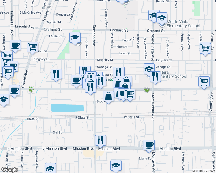 map of restaurants, bars, coffee shops, grocery stores, and more near 10495 Adobe Court in Montclair