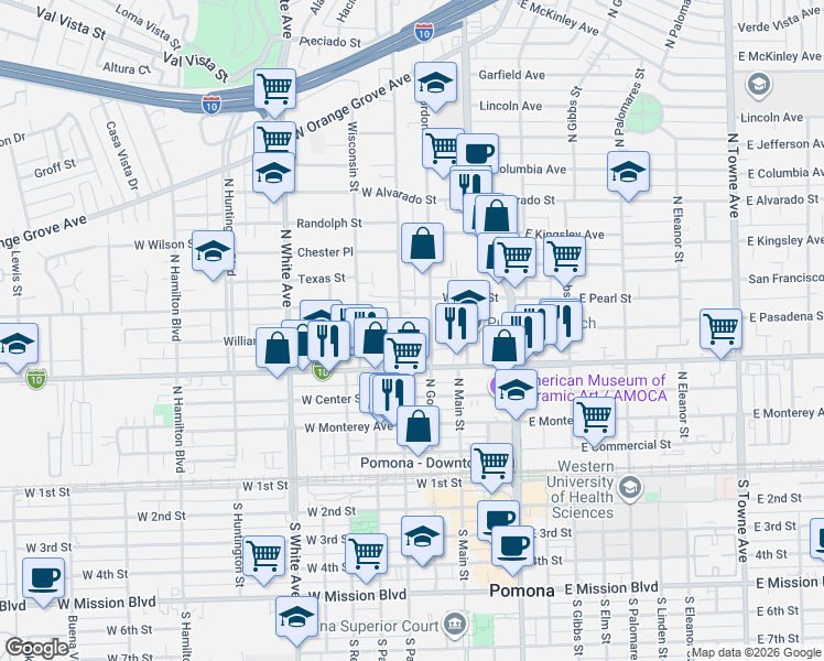 map of restaurants, bars, coffee shops, grocery stores, and more near 606 North Park Avenue in Pomona