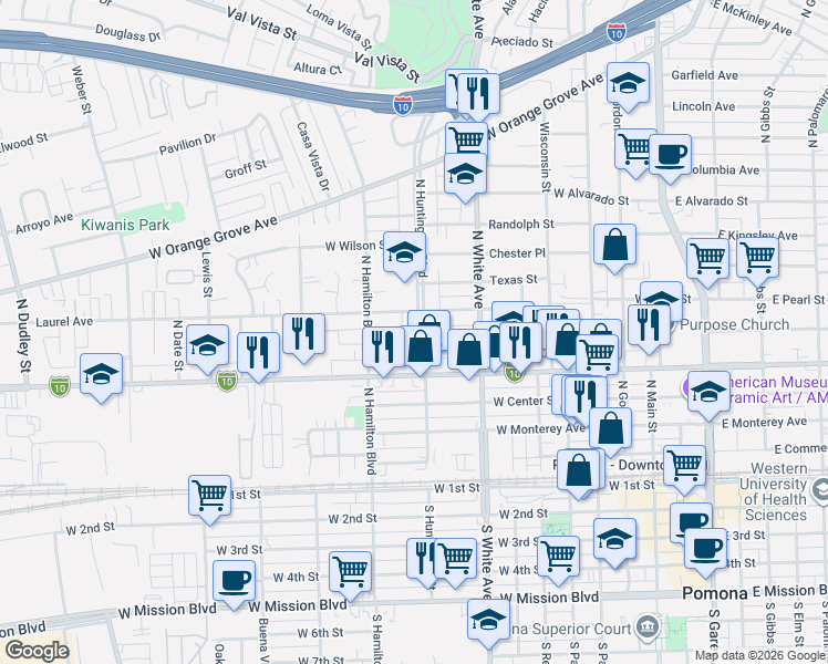 map of restaurants, bars, coffee shops, grocery stores, and more near 645 North Huntington Boulevard in Pomona