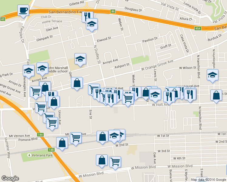 map of restaurants, bars, coffee shops, grocery stores, and more near 1550 Laurel Avenue in Pomona