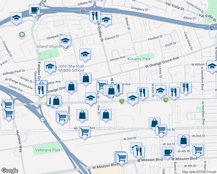 map of restaurants, bars, coffee shops, grocery stores, and more near 1606 Laurel Avenue in Pomona