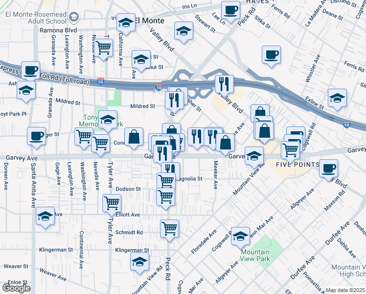 map of restaurants, bars, coffee shops, grocery stores, and more near 11401 VuePointe Way in El Monte