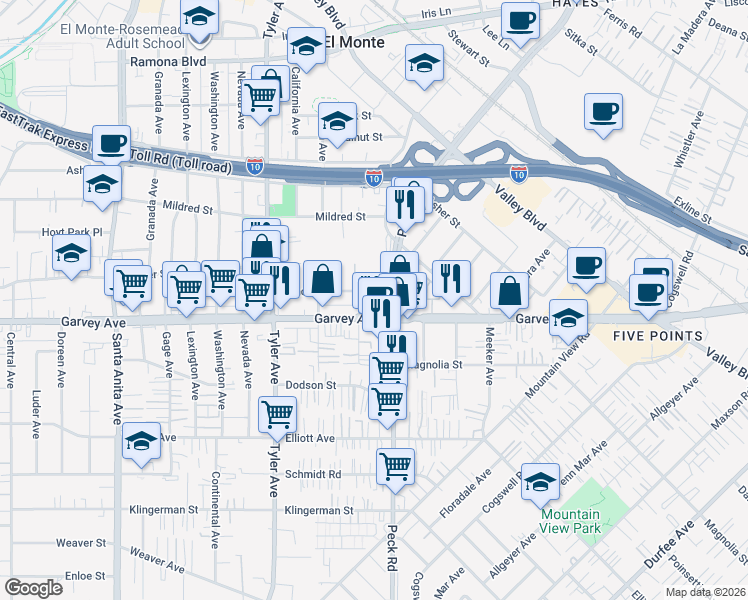 map of restaurants, bars, coffee shops, grocery stores, and more near 11202 Concert Street in El Monte