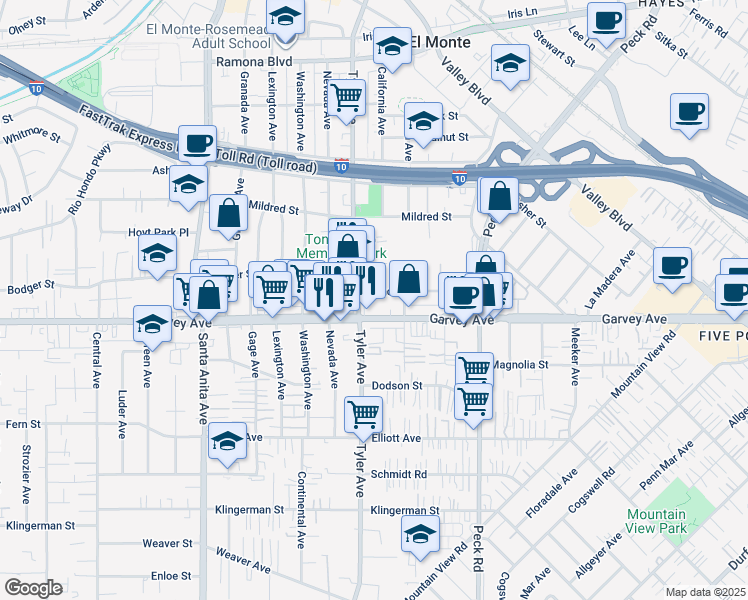 map of restaurants, bars, coffee shops, grocery stores, and more near 11022 Concert Street in El Monte