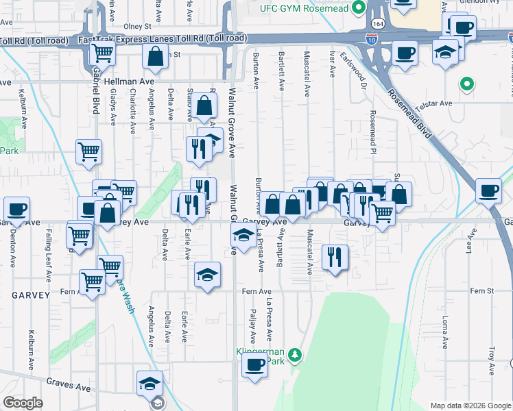map of restaurants, bars, coffee shops, grocery stores, and more near 3028 Burton Avenue in Rosemead