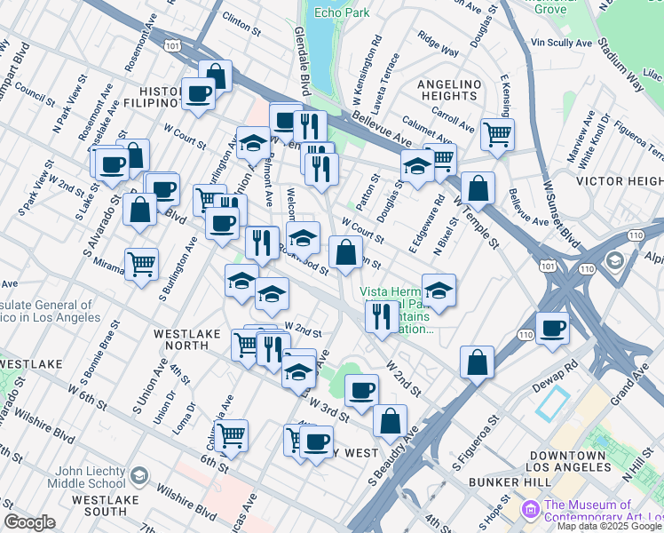 map of restaurants, bars, coffee shops, grocery stores, and more near 153 Glendale Boulevard in Los Angeles