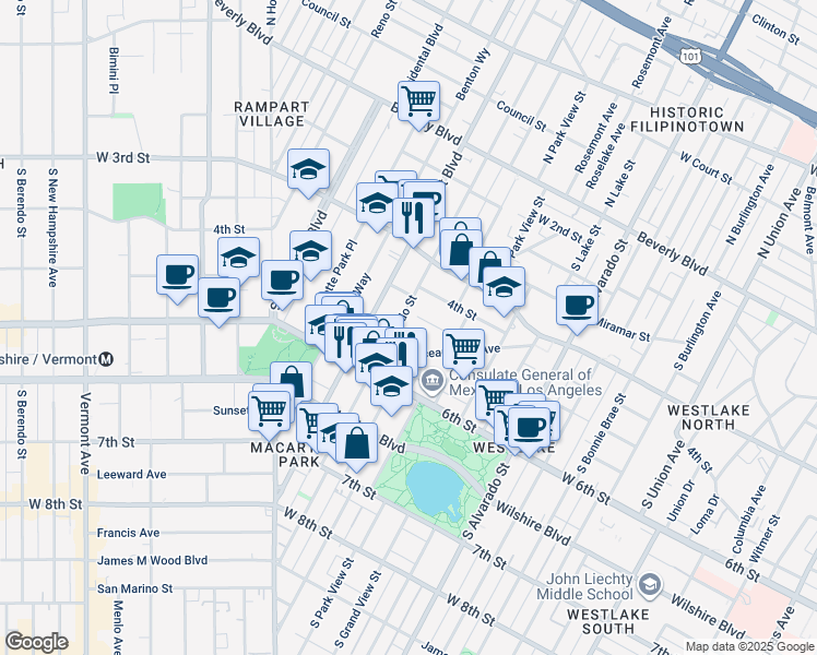 map of restaurants, bars, coffee shops, grocery stores, and more near 517 South Coronado Street in Los Angeles