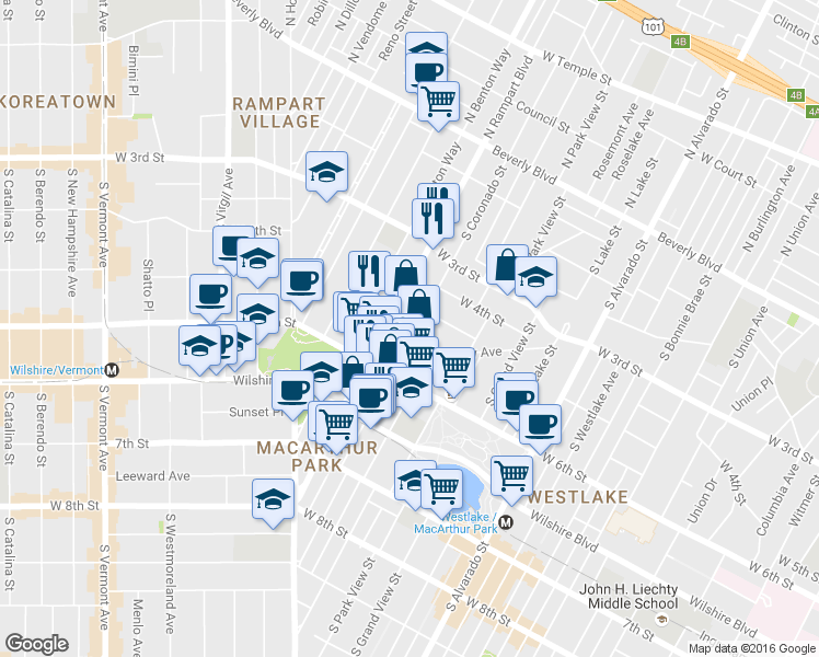 map of restaurants, bars, coffee shops, grocery stores, and more near 517 South Coronado Street in Los Angeles