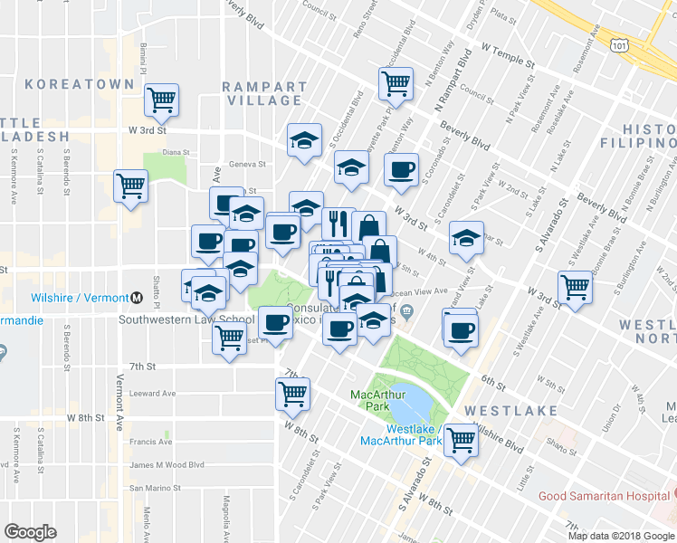 map of restaurants, bars, coffee shops, grocery stores, and more near 511 South Rampart Boulevard in Los Angeles