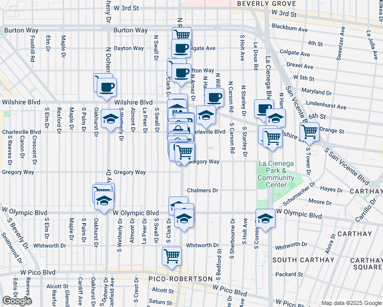 map of restaurants, bars, coffee shops, grocery stores, and more near 221 South Arnaz Drive in Beverly Hills