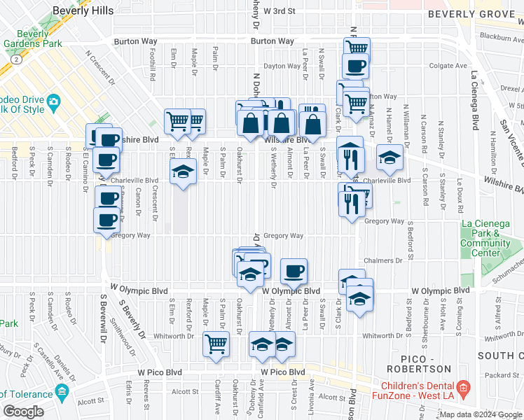 map of restaurants, bars, coffee shops, grocery stores, and more near 241 South Wetherly Drive in Beverly Hills