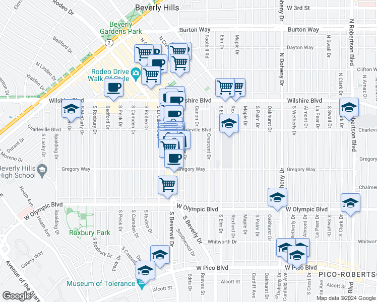 map of restaurants, bars, coffee shops, grocery stores, and more near 244 South Reeves Drive in Beverly Hills