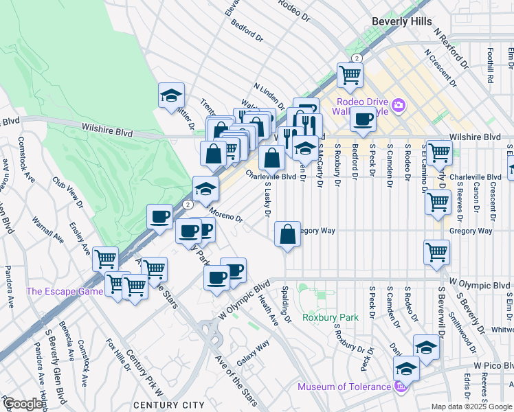 map of restaurants, bars, coffee shops, grocery stores, and more near 241 South Lasky Drive in Beverly Hills