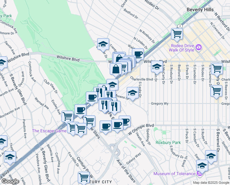 map of restaurants, bars, coffee shops, grocery stores, and more near 9970 Durant Drive in Beverly Hills