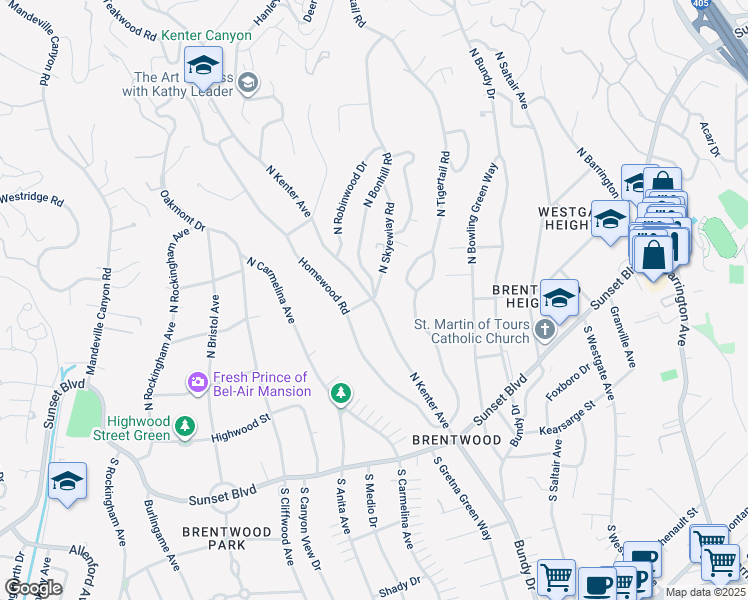 map of restaurants, bars, coffee shops, grocery stores, and more near 299 North Kenter Avenue in Los Angeles