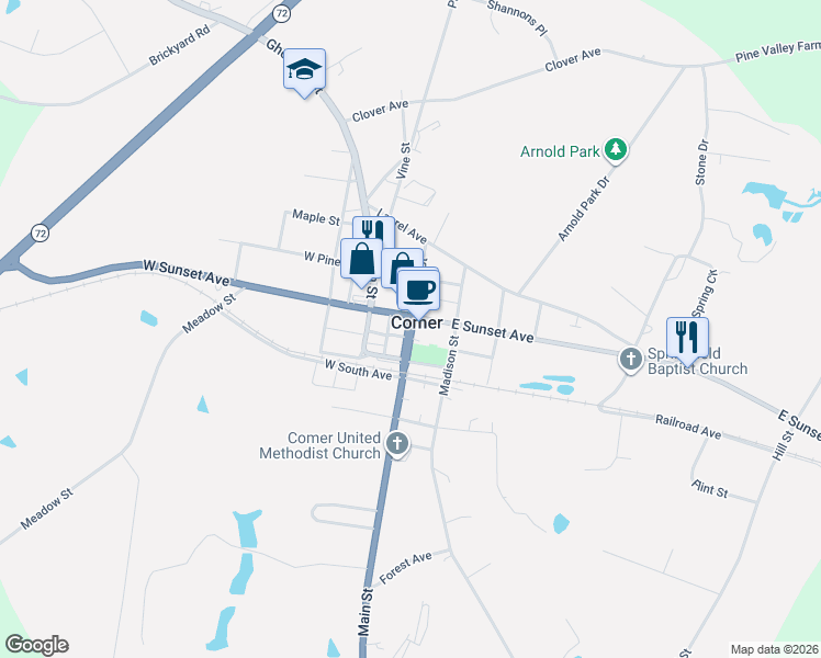 map of restaurants, bars, coffee shops, grocery stores, and more near in Comer