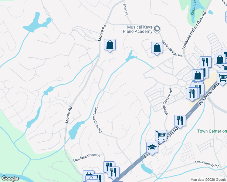 map of restaurants, bars, coffee shops, grocery stores, and more near 4425 Landover Way Northwest in Suwanee