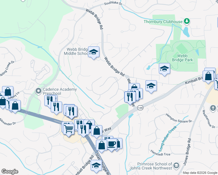 map of restaurants, bars, coffee shops, grocery stores, and more near Timberstone Road in Alpharetta