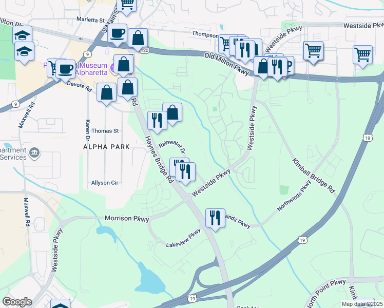 map of restaurants, bars, coffee shops, grocery stores, and more near 11625 Rainwater Drive in Alpharetta