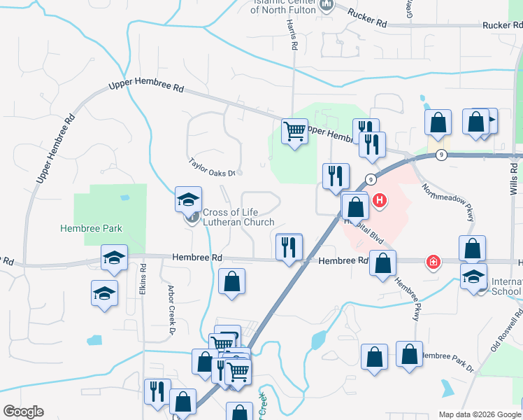 map of restaurants, bars, coffee shops, grocery stores, and more near 475 Hembree Forest Circle in Roswell