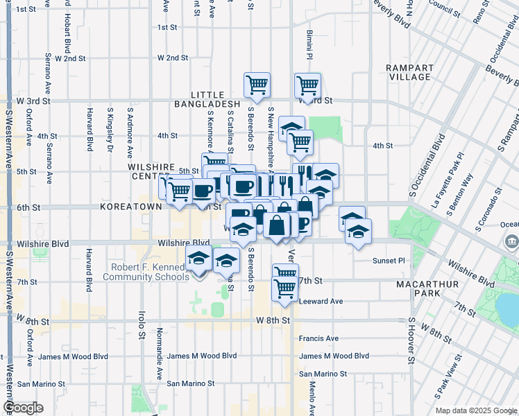 map of restaurants, bars, coffee shops, grocery stores, and more near 601 South New Hampshire Avenue in Los Angeles