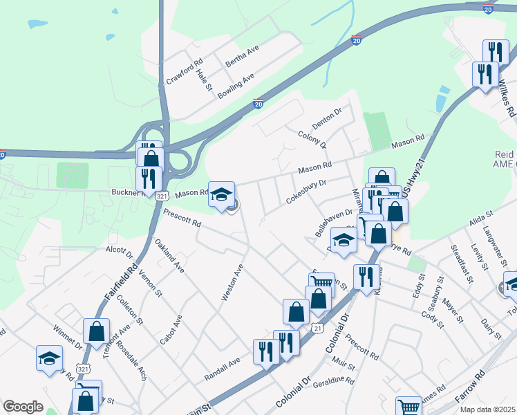 map of restaurants, bars, coffee shops, grocery stores, and more near 5911 Barksdale Drive in Columbia
