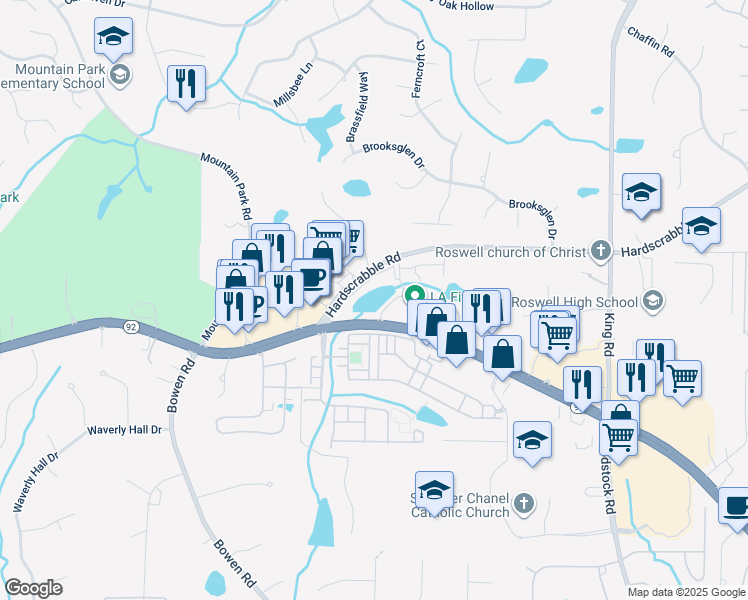 map of restaurants, bars, coffee shops, grocery stores, and more near 1091 Woodstock Road in Roswell