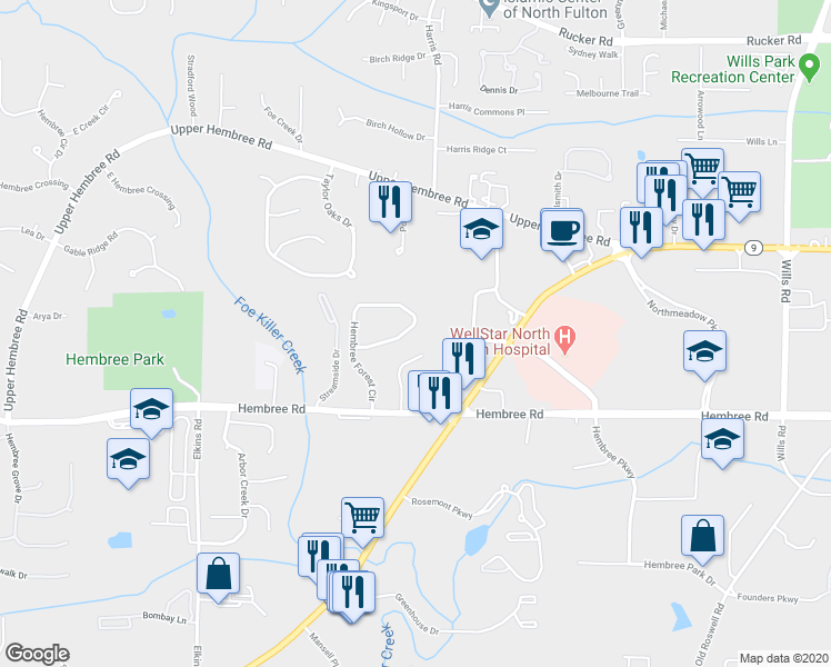 map of restaurants, bars, coffee shops, grocery stores, and more near 430 Hembree Forest Circle in Roswell