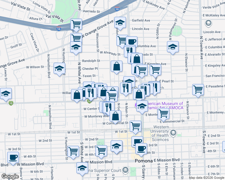 map of restaurants, bars, coffee shops, grocery stores, and more near 606 North Park Avenue in Pomona