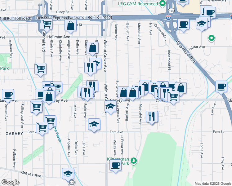 map of restaurants, bars, coffee shops, grocery stores, and more near 3028 Burton Avenue in Rosemead