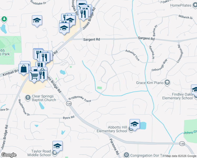 map of restaurants, bars, coffee shops, grocery stores, and more near 405 Johns View Ct in Alpharetta