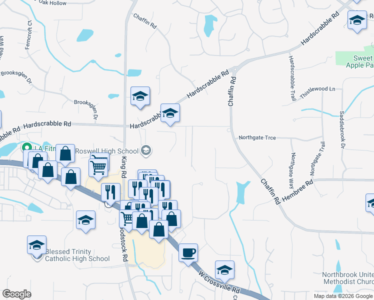 map of restaurants, bars, coffee shops, grocery stores, and more near 155 Cochran Farms Drive in Roswell