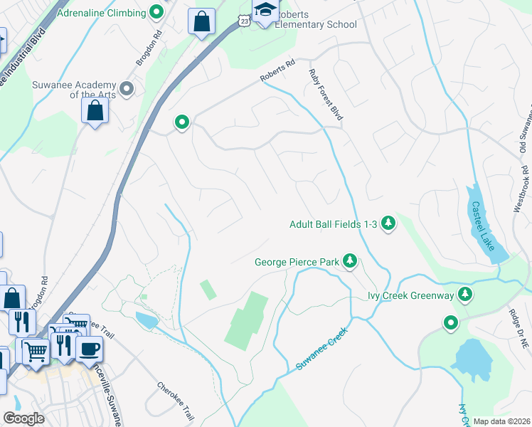 map of restaurants, bars, coffee shops, grocery stores, and more near 3959 Treemont Lane in Suwanee