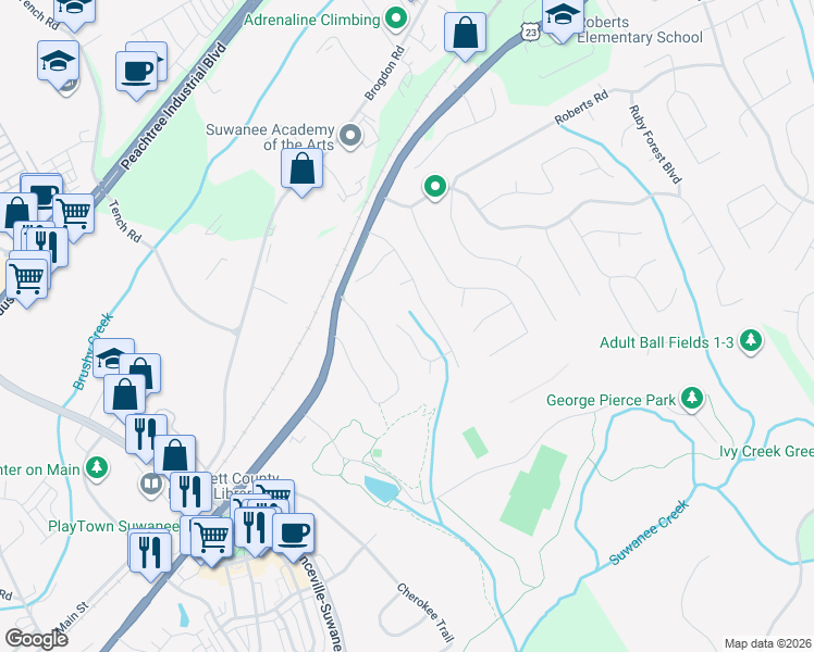 map of restaurants, bars, coffee shops, grocery stores, and more near 138 Park Pointe Way in Suwanee