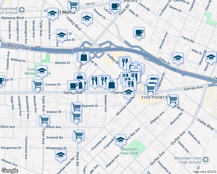 map of restaurants, bars, coffee shops, grocery stores, and more near 3015 La Madera Avenue in El Monte