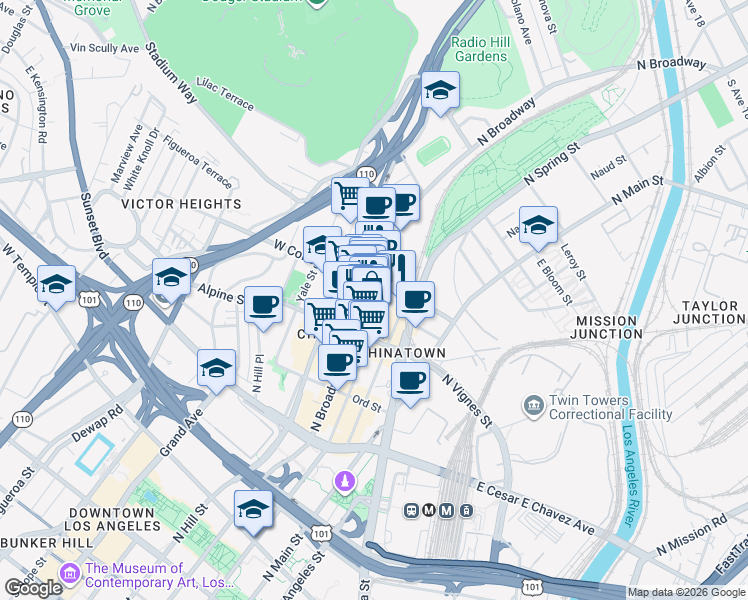 map of restaurants, bars, coffee shops, grocery stores, and more near 844 North Broadway in Los Angeles