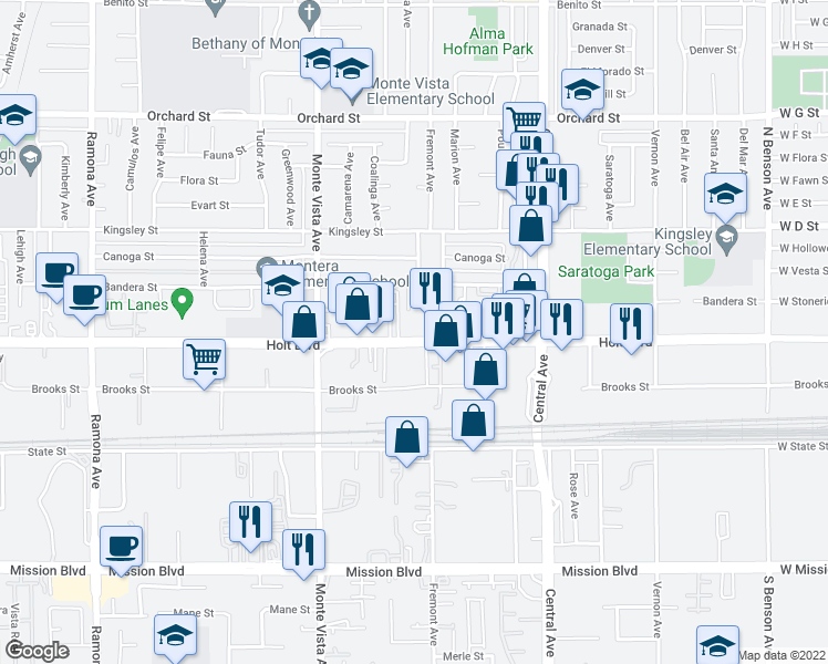 map of restaurants, bars, coffee shops, grocery stores, and more near 5074 Holt Blvd in Montclair