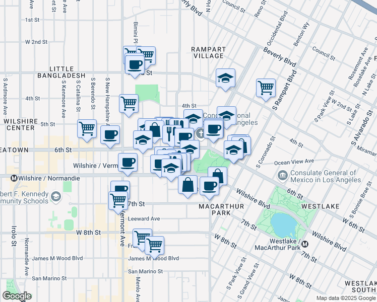 map of restaurants, bars, coffee shops, grocery stores, and more near 601 South Commonwealth Avenue in Los Angeles