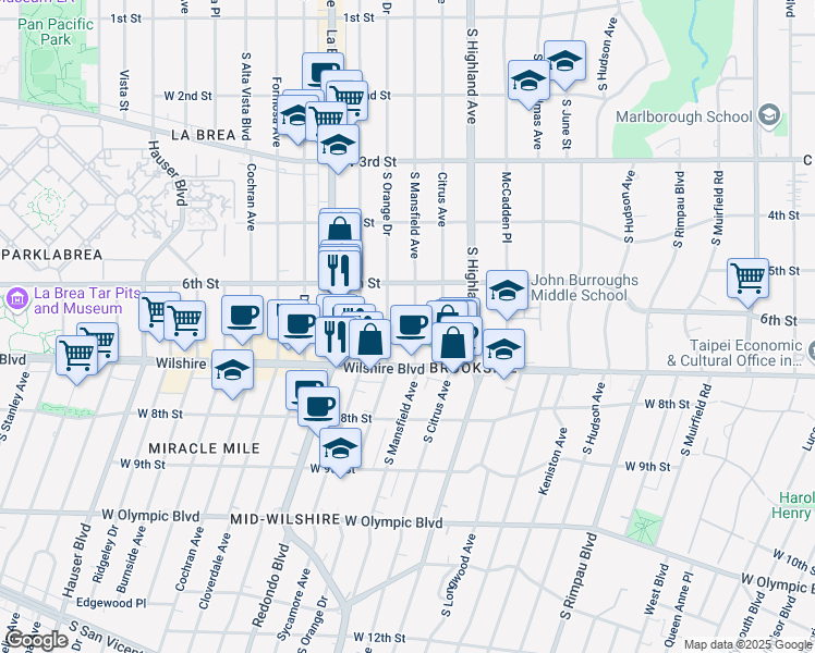 map of restaurants, bars, coffee shops, grocery stores, and more near 649 South Mansfield Avenue in Los Angeles