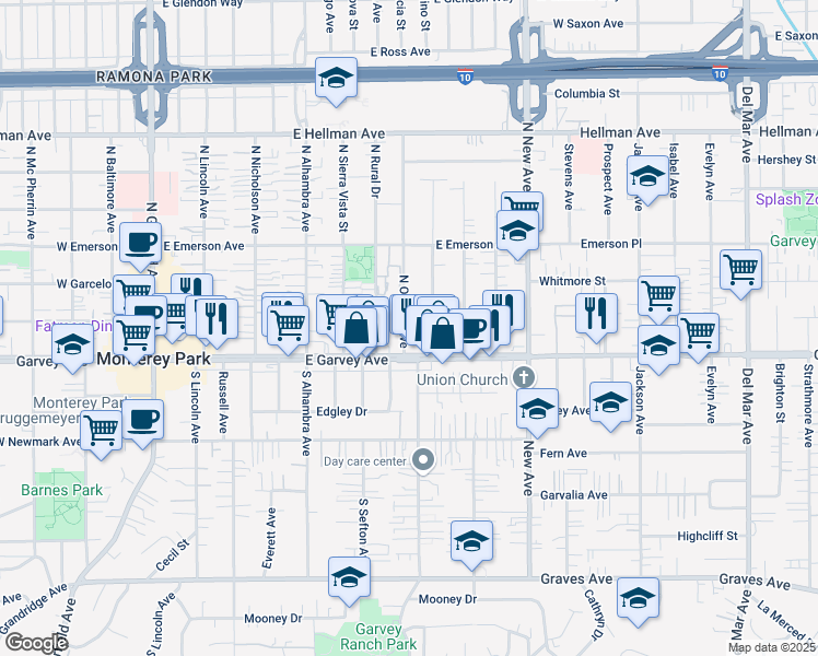 map of restaurants, bars, coffee shops, grocery stores, and more near 126 North Orange Avenue in Monterey Park