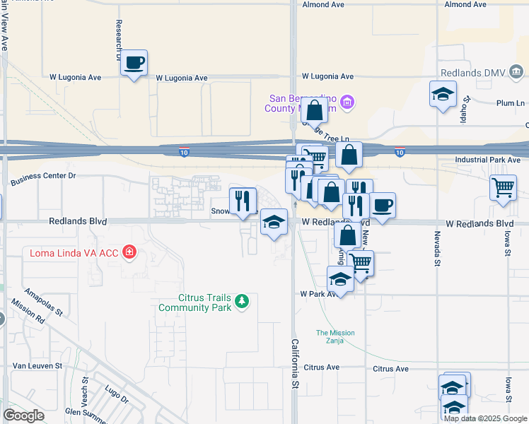 map of restaurants, bars, coffee shops, grocery stores, and more near 10475 Taff Street in Redlands