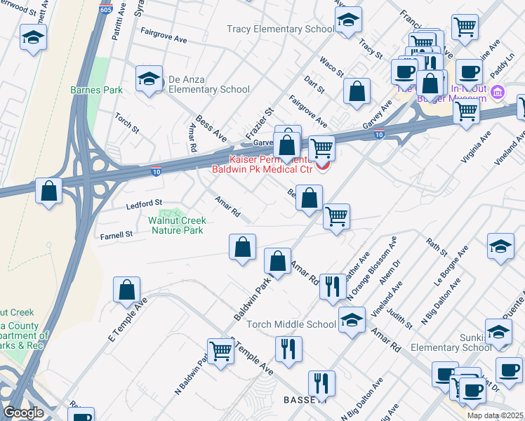 map of restaurants, bars, coffee shops, grocery stores, and more near 13089 Amar Road in Baldwin Park