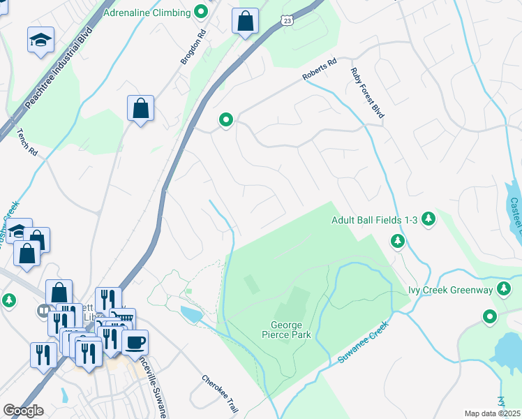 map of restaurants, bars, coffee shops, grocery stores, and more near 55 Cherrystone Walk in Suwanee