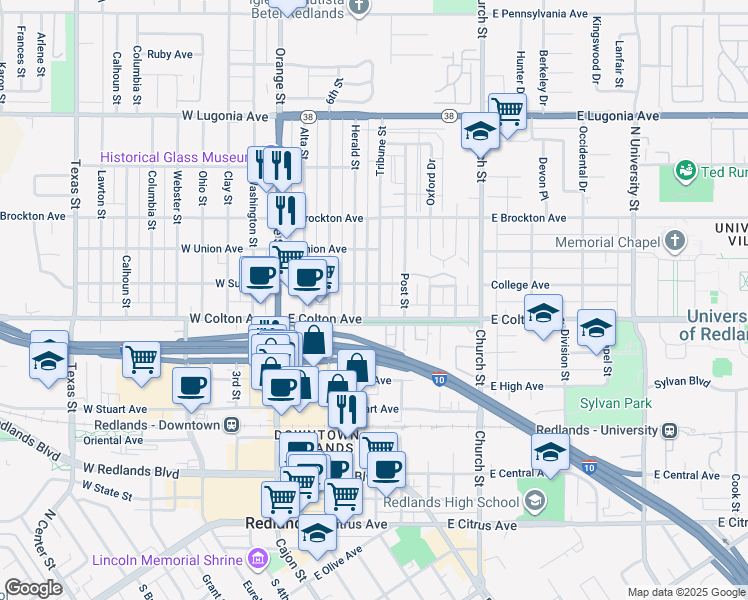 map of restaurants, bars, coffee shops, grocery stores, and more near 823 Tribune Street in Redlands